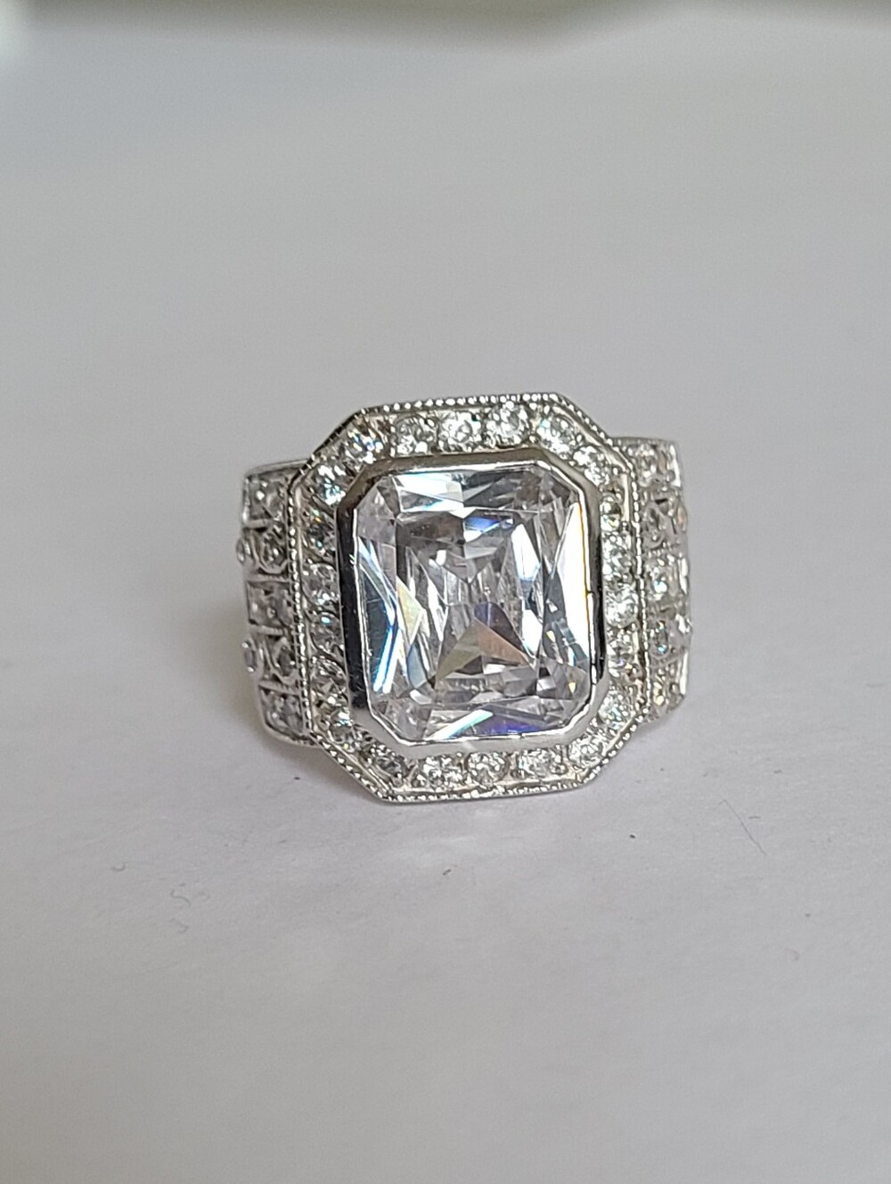 Vintage Sterling Silver Bold Emerald Cut Halo Crystal Cluster Cocktail Ring